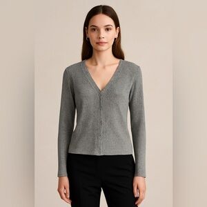 Tahari Women’s Grey Ribbed Snap-Front Cardigan Sweater M | Cropped Preppy Boho